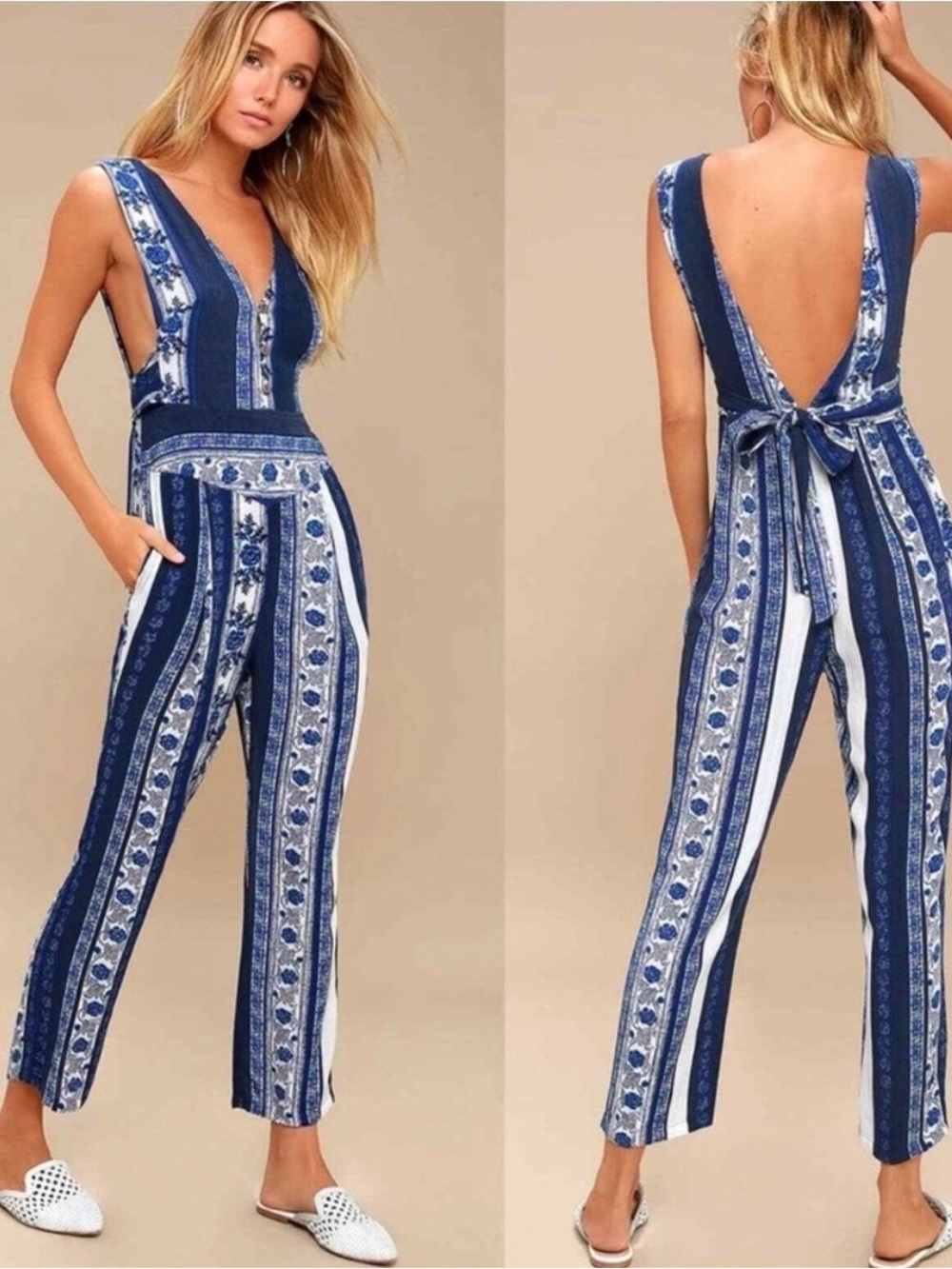 Free People Blue and White Striped Floral Jumpsuit
